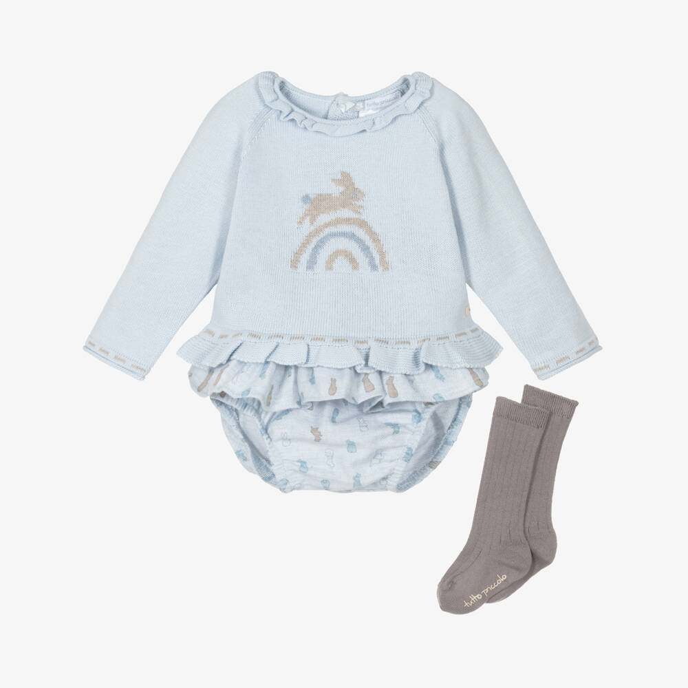 Tutto Piccolo-Baby Girls Blue Rabbit Jumper, Shorts & Socks Set | Childrensalon Outlet