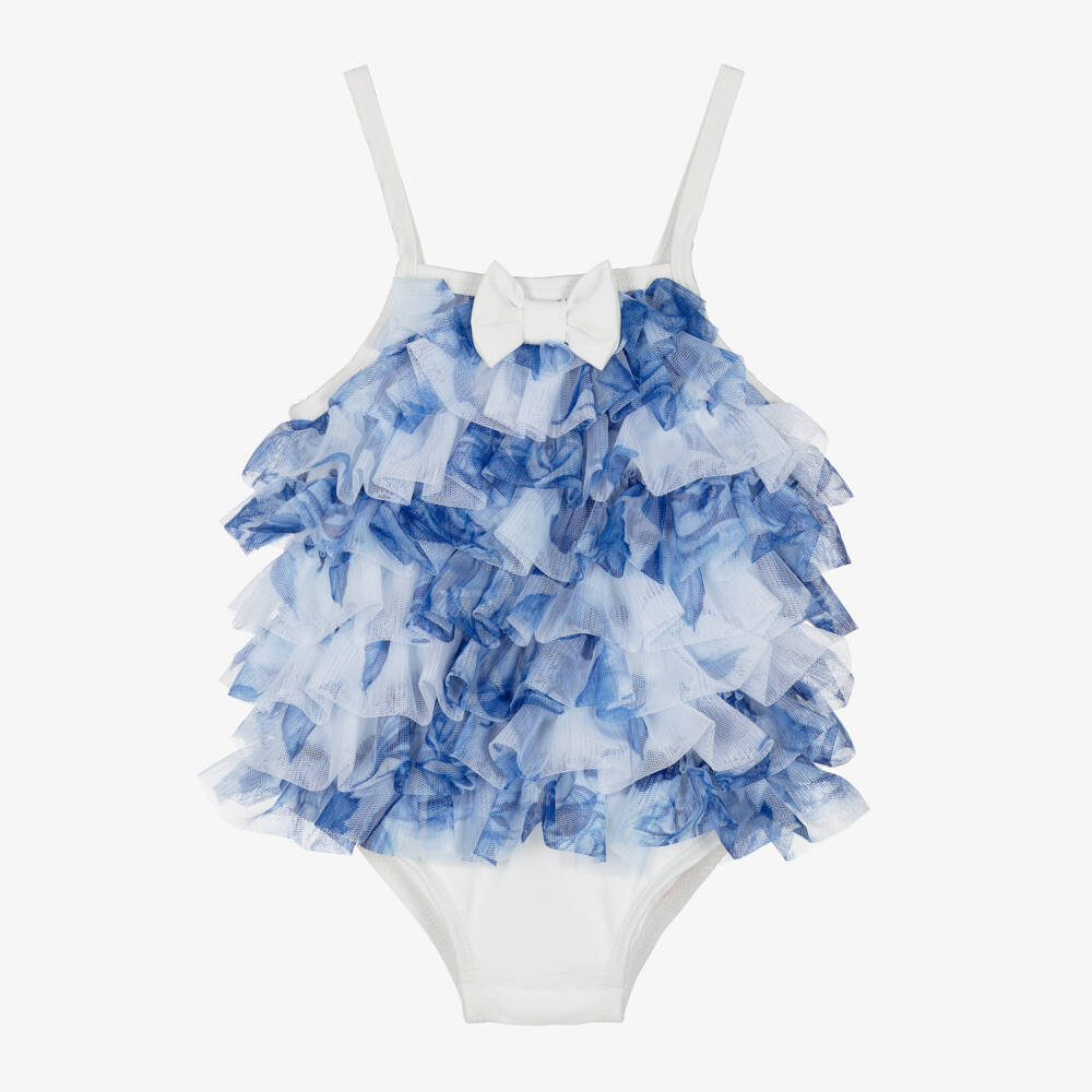 Angel's Face-Baby Girls Blue & White Frill Swimsuit (UPF50+) | Childrensalon Outlet
