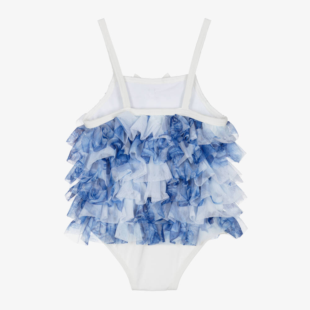 Angel's Face-Baby Girls Blue & White Frill Swimsuit (UPF50+) | Childrensalon Outlet