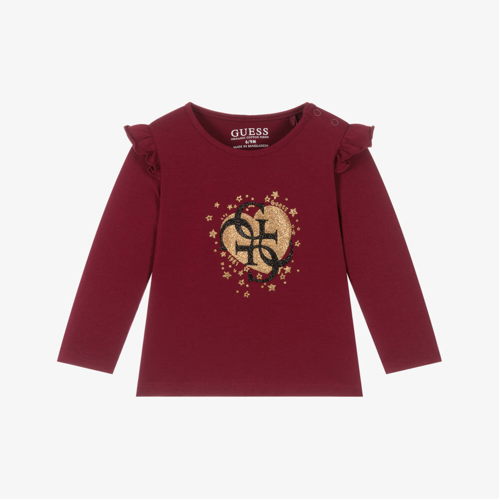 Guess-Baby Girls Burgundy Red Cotton Monogram Top | Childrensalon Outlet