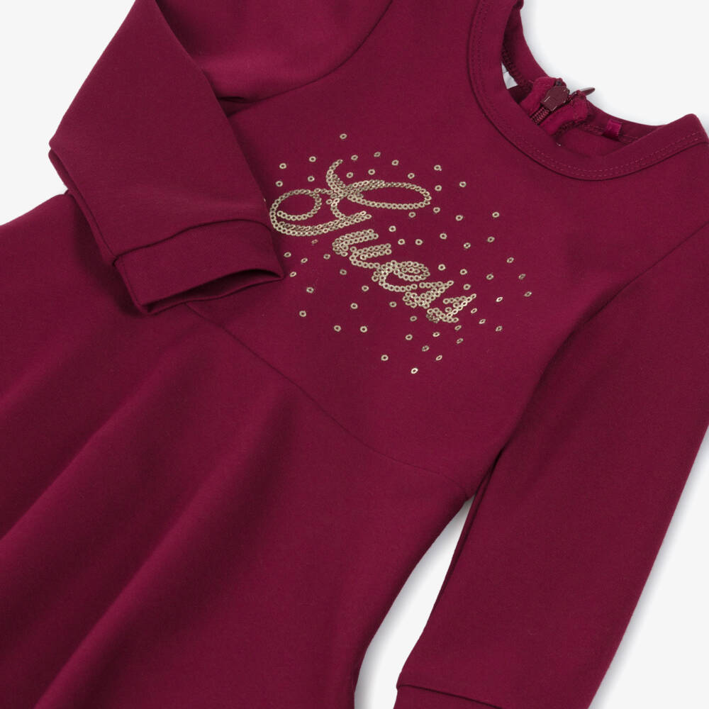 Guess-Baby Girls Burgundy Red Jersey Dress with Gold Sequin Logo | Childrensalon Outlet