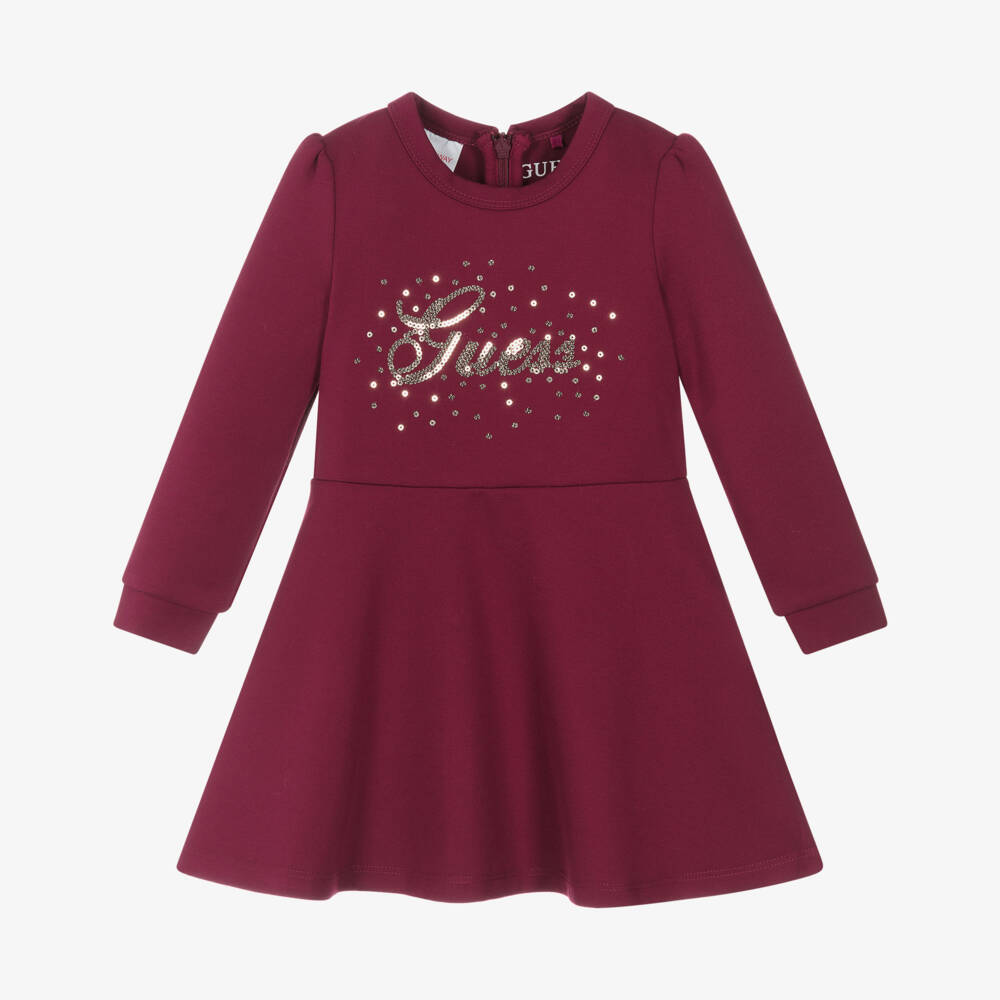 Guess-Baby Girls Burgundy Red Jersey Dress with Gold Sequin Logo | Childrensalon Outlet