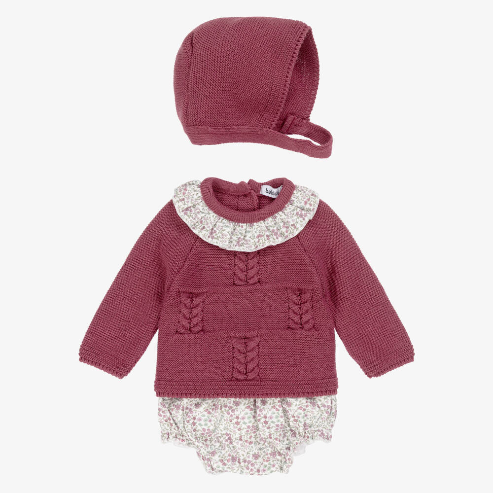 Babidu-Baby Girls Burgundy Red Knit & Floral Cotton Shorts Set | Childrensalon Outlet