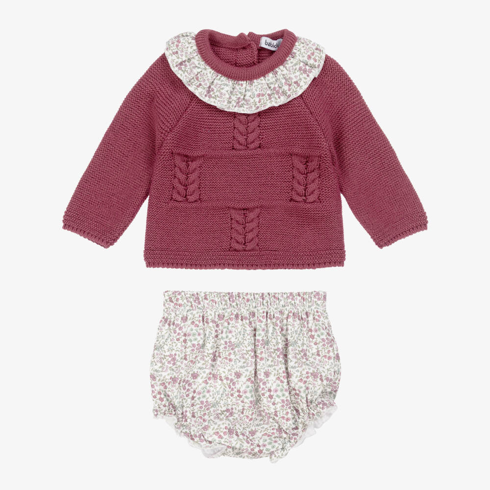 Babidu-Baby Girls Burgundy Red Knit & Floral Cotton Shorts Set | Childrensalon Outlet