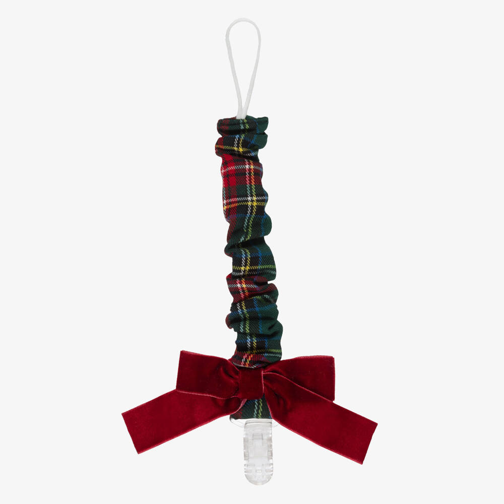 Phi Clothing-Baby Girls Green & Red Tartan Dummy Clip with Red Velvet Bow | Childrensalon Outlet