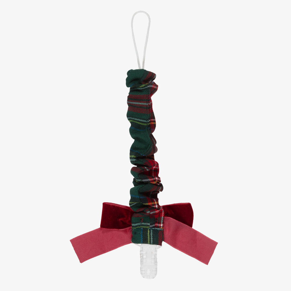 Phi Clothing-Baby Girls Green & Red Tartan Dummy Clip with Red Velvet Bow | Childrensalon Outlet