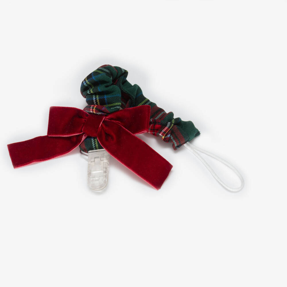 Phi Clothing-Baby Girls Green & Red Tartan Dummy Clip with Red Velvet Bow | Childrensalon Outlet
