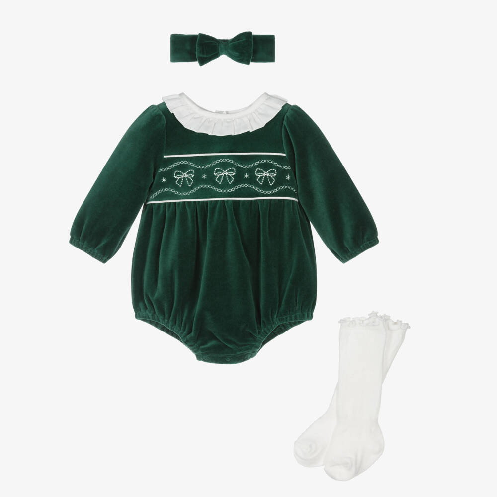 Little Me-Baby Girls Green Velour Shortie Set | Childrensalon Outlet