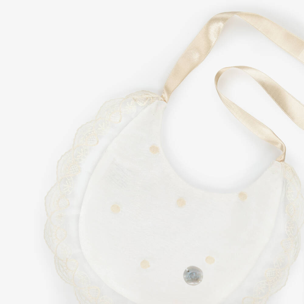 Artesanía Granlei-Baby Girls Ivory Bib with Lace Trim & Satin Ribbon Ties | Childrensalon Outlet