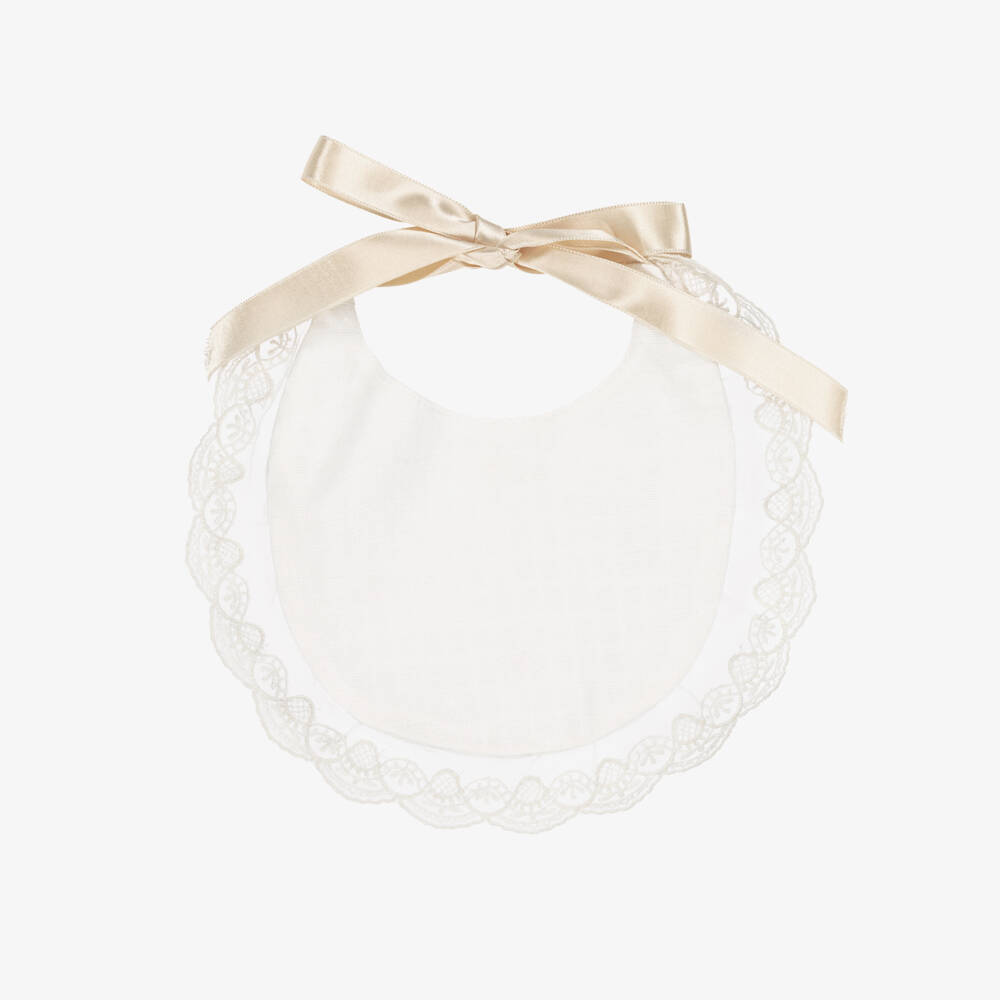 Artesanía Granlei-Baby Girls Ivory Bib with Lace Trim & Satin Ribbon Ties | Childrensalon Outlet