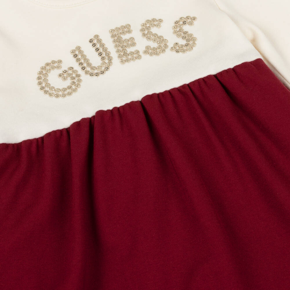 Guess-Baby Girls Ivory & Burgundy Red Jersey Dress with Gold Logo | Childrensalon Outlet