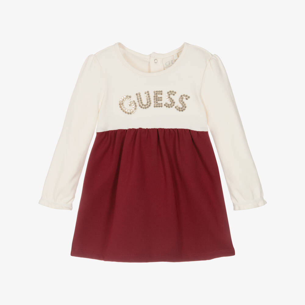 Guess-Baby Girls Ivory & Burgundy Red Jersey Dress with Gold Logo | Childrensalon Outlet