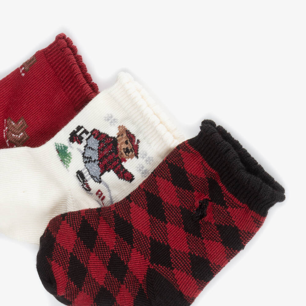 Ralph Lauren-Baby Girls Ivory & Burgundy Red Knitted Socks (3 Pack) | Childrensalon Outlet