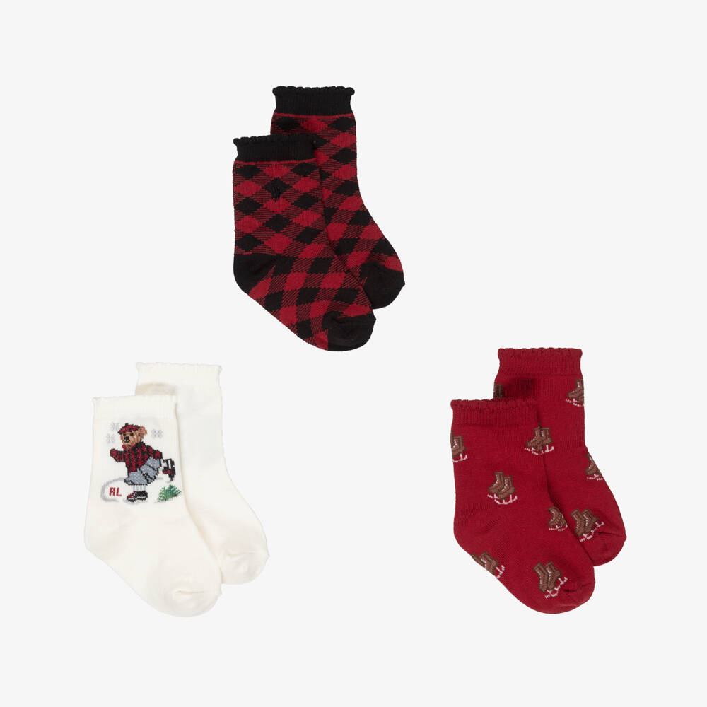 Ralph Lauren-Baby Girls Ivory & Burgundy Red Knitted Socks (3 Pack) | Childrensalon Outlet