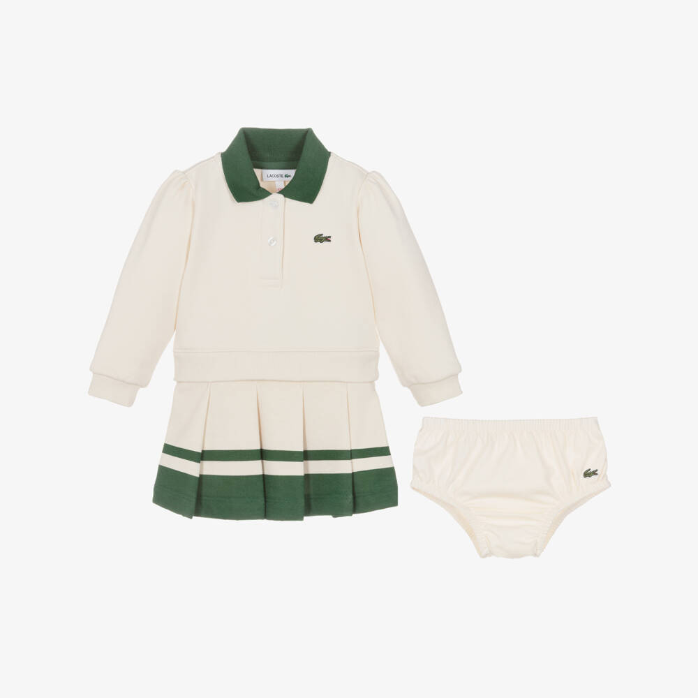 Lacoste-Baby Girls Ivory Cotton Dress with Green Trims | Childrensalon Outlet