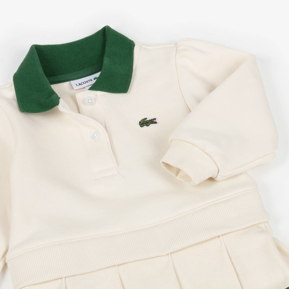 Lacoste-Baby Girls Ivory Cotton Dress with Green Trims | Childrensalon Outlet