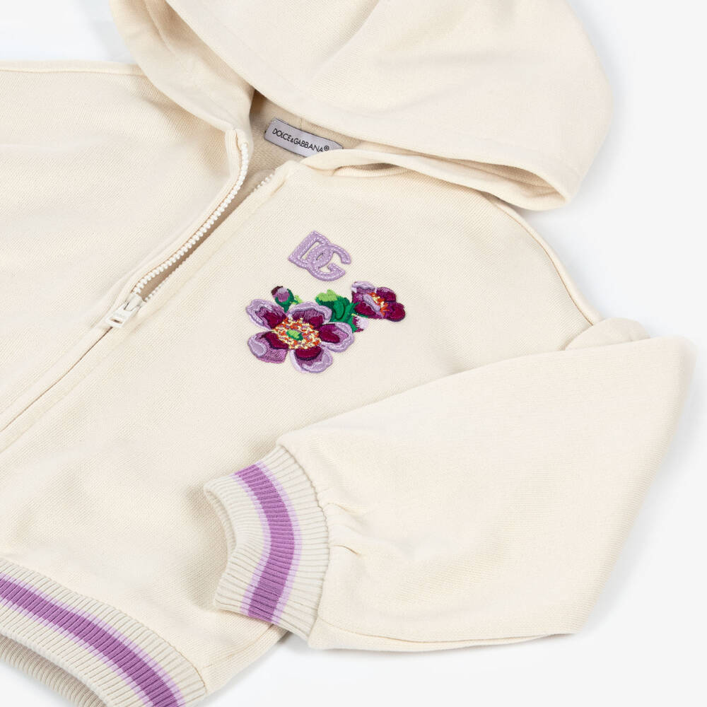 Dolce & Gabbana-Baby Girls Ivory Cotton Zip-Up Top with Floral Embroidery | Childrensalon Outlet