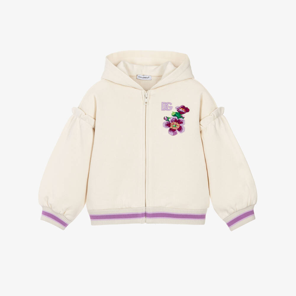 Dolce & Gabbana-Baby Girls Ivory Cotton Zip-Up Top with Floral Embroidery | Childrensalon Outlet