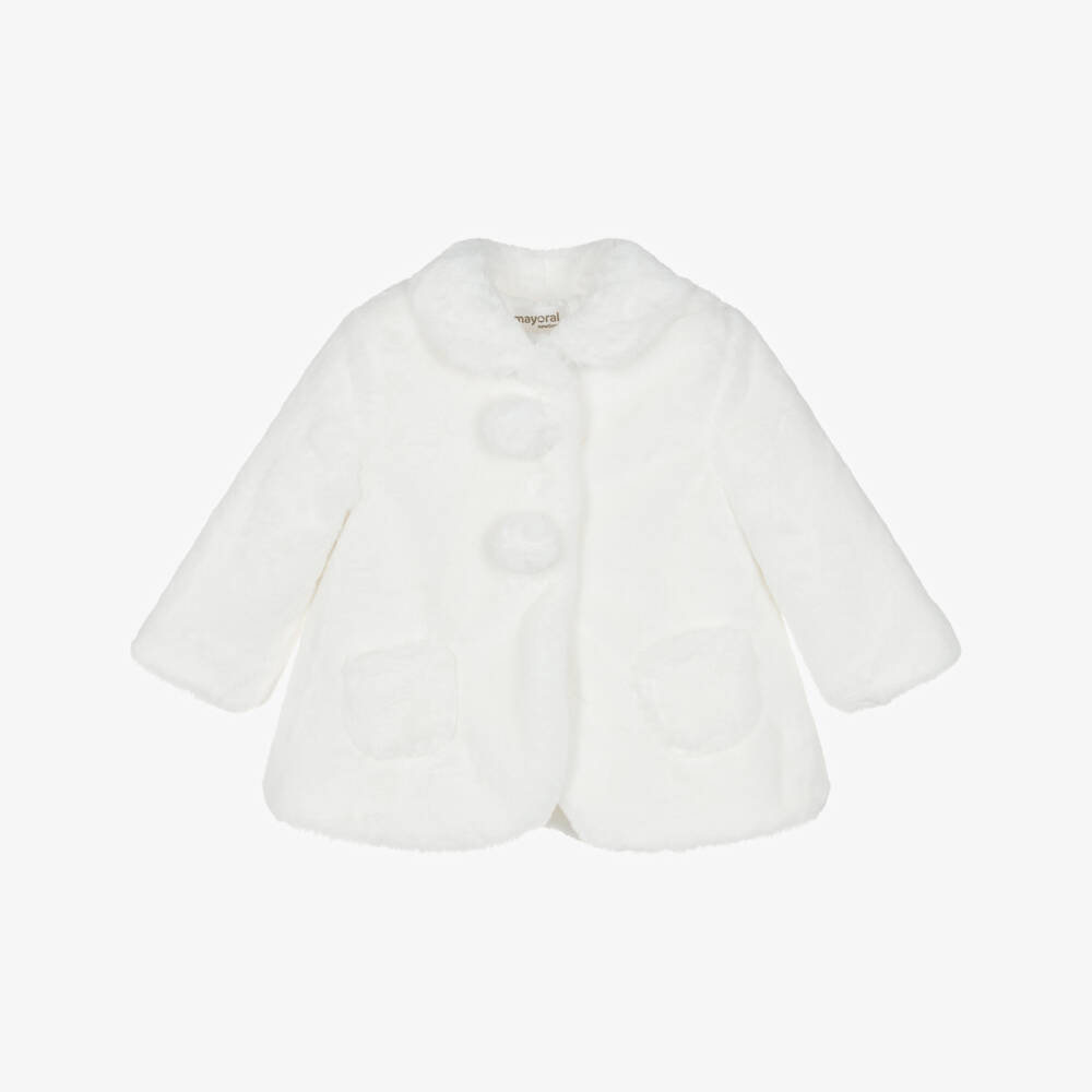 Mayoral Newborn-Baby Girls Ivory Faux Fur Coat with Pom-Poms | Childrensalon Outlet