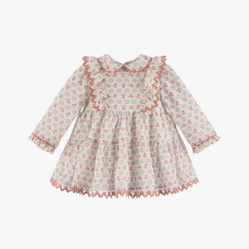 Miranda-Baby Girls Ivory Floral Cotton Long-Sleeved Dress | Childrensalon Outlet