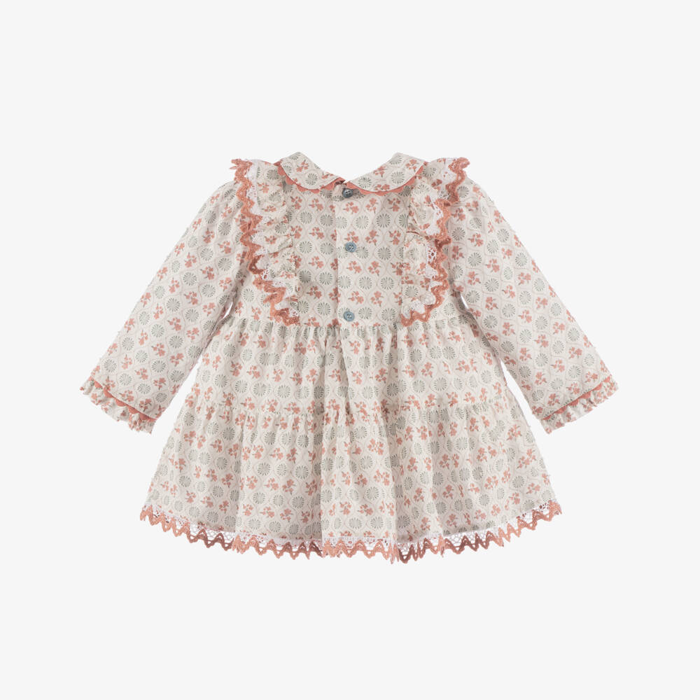 Miranda-Baby Girls Ivory Floral Cotton Long-Sleeved Dress | Childrensalon Outlet