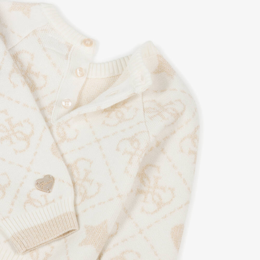 Guess-Baby Girls Ivory & Gold 4g Logo Knitted Trouser Set | Childrensalon Outlet