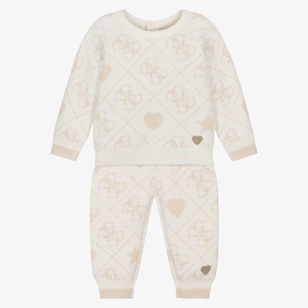 Guess-Baby Girls Ivory & Gold 4g Logo Knitted Trouser Set | Childrensalon Outlet