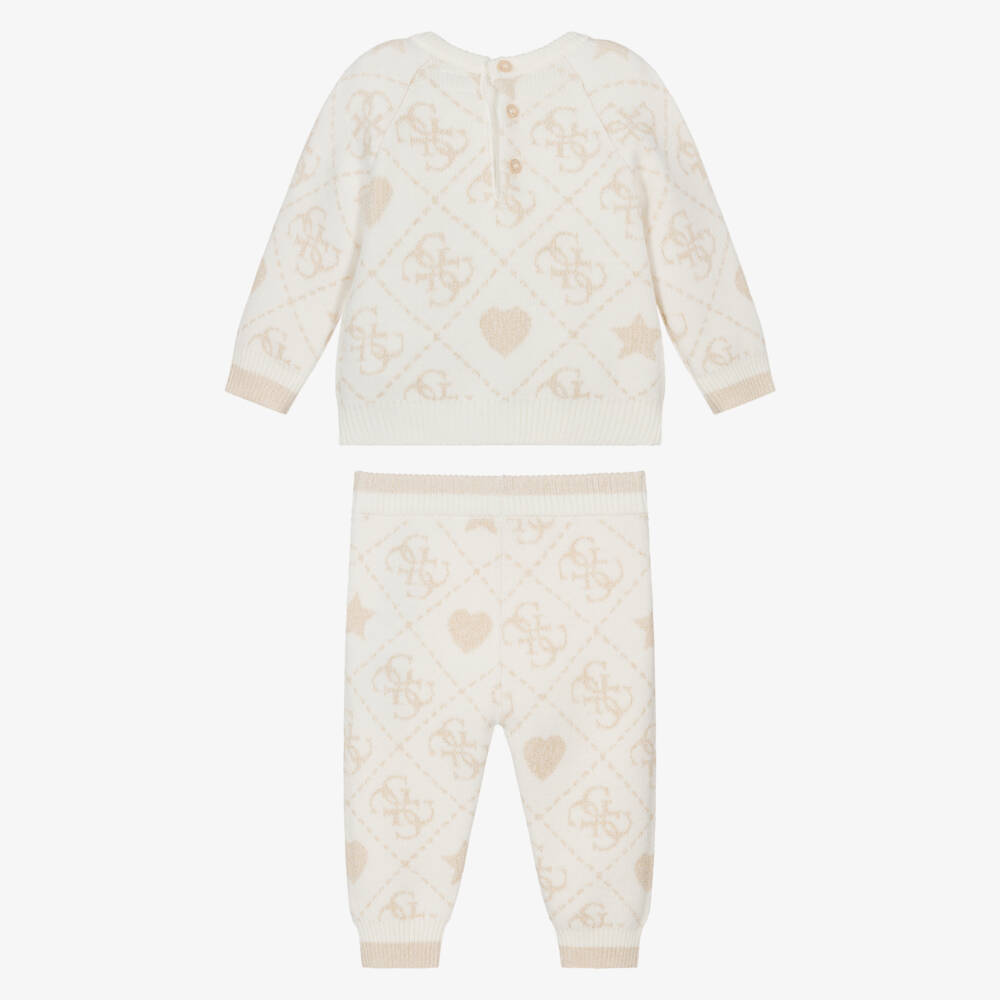 Guess-Baby Girls Ivory & Gold 4g Logo Knitted Trouser Set | Childrensalon Outlet