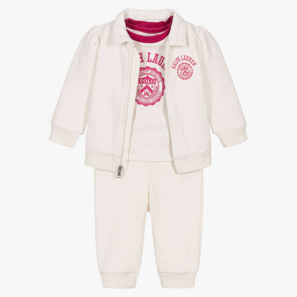 Ralph Lauren-Baby Girls Ivory Jersey Zip-Up Tracksuit Set | Childrensalon Outlet