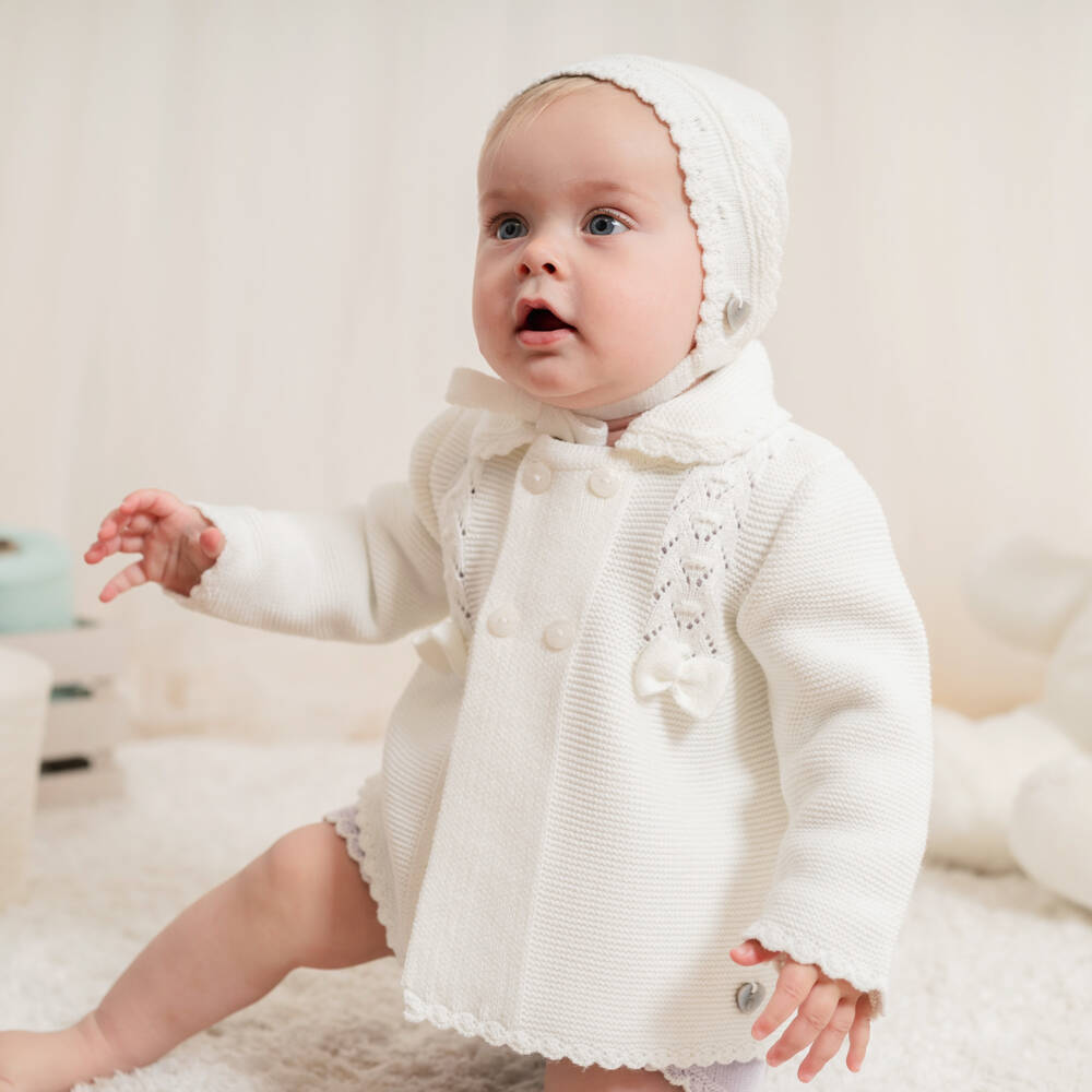 Artesanía Granlei-Baby Girls Ivory Knit Coat & Bonnet Set | Childrensalon Outlet