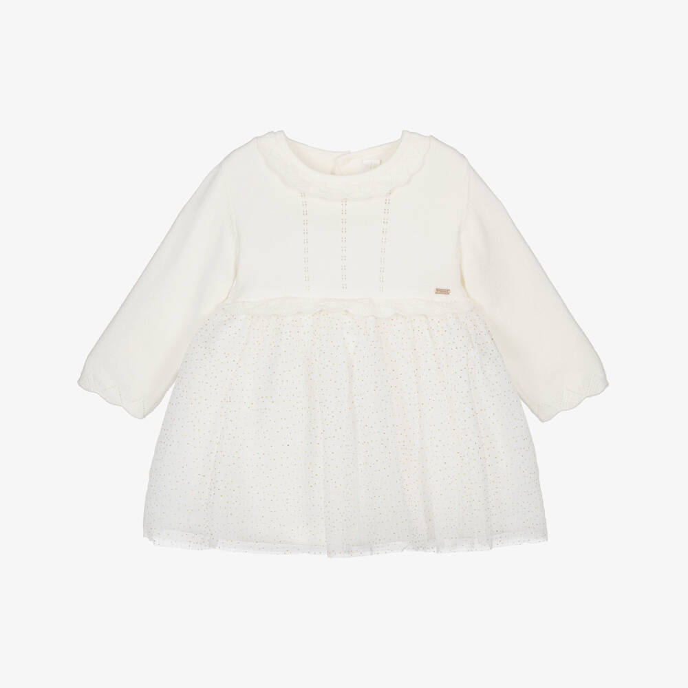 Mayoral-Baby Girls Ivory Knit & Tulle Dress | Childrensalon Outlet