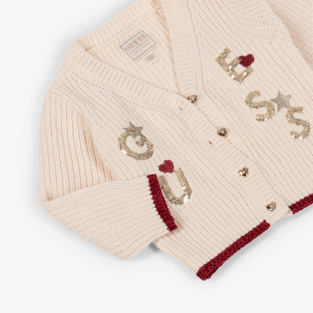 Guess-Baby Girls Ivory Knitted Cardigan with Sequin Logo | Childrensalon Outlet