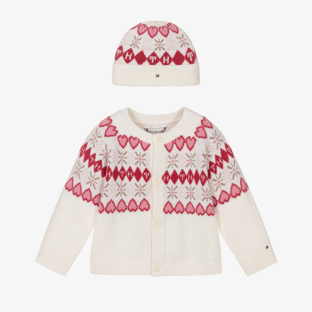 Tommy Hilfiger-Baby Girls Ivory & Pink Cardigan & Hat Gift Set | Childrensalon Outlet