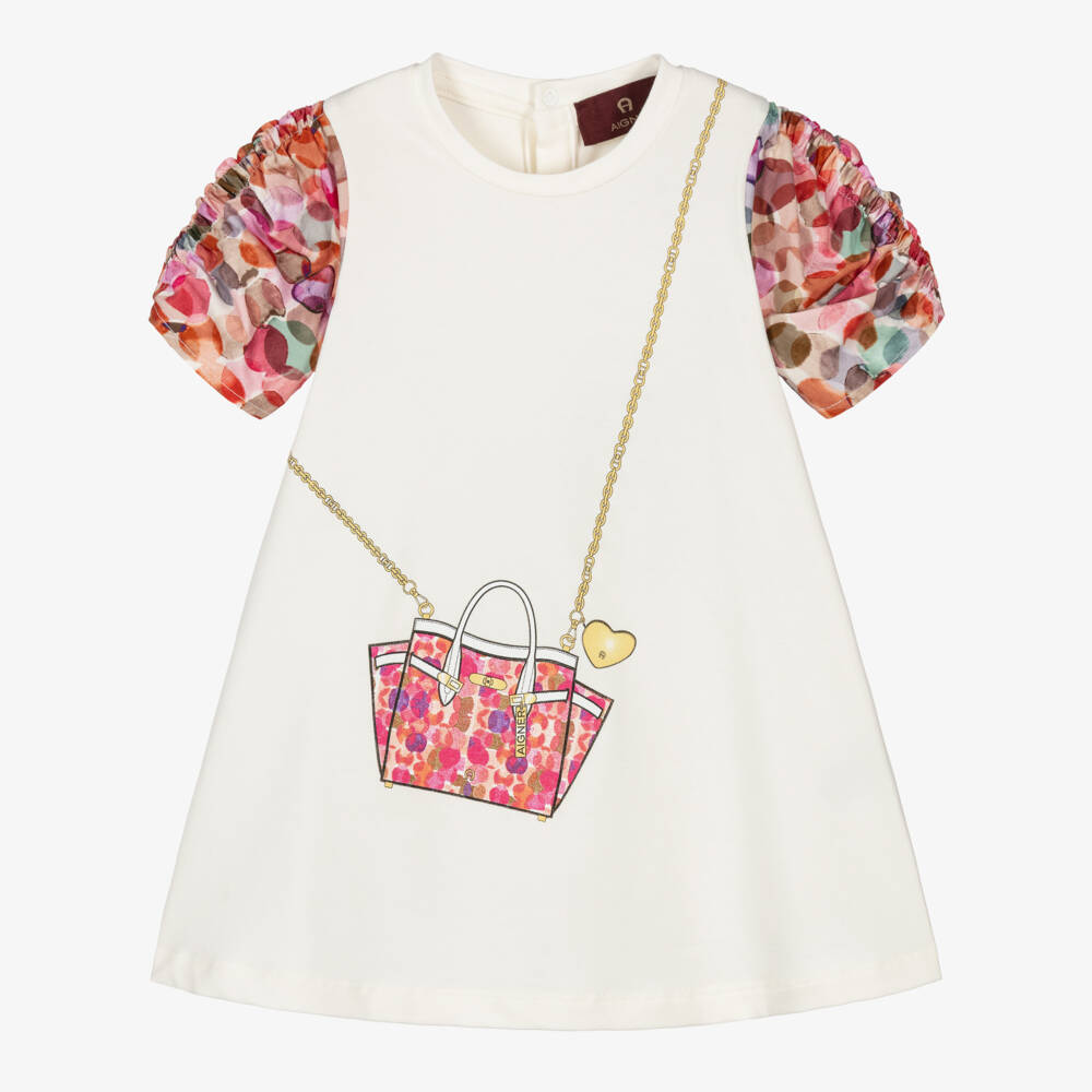 AIGNER-Baby Girls Ivory & Pink Cotton Crossbody Bag Dress | Childrensalon Outlet