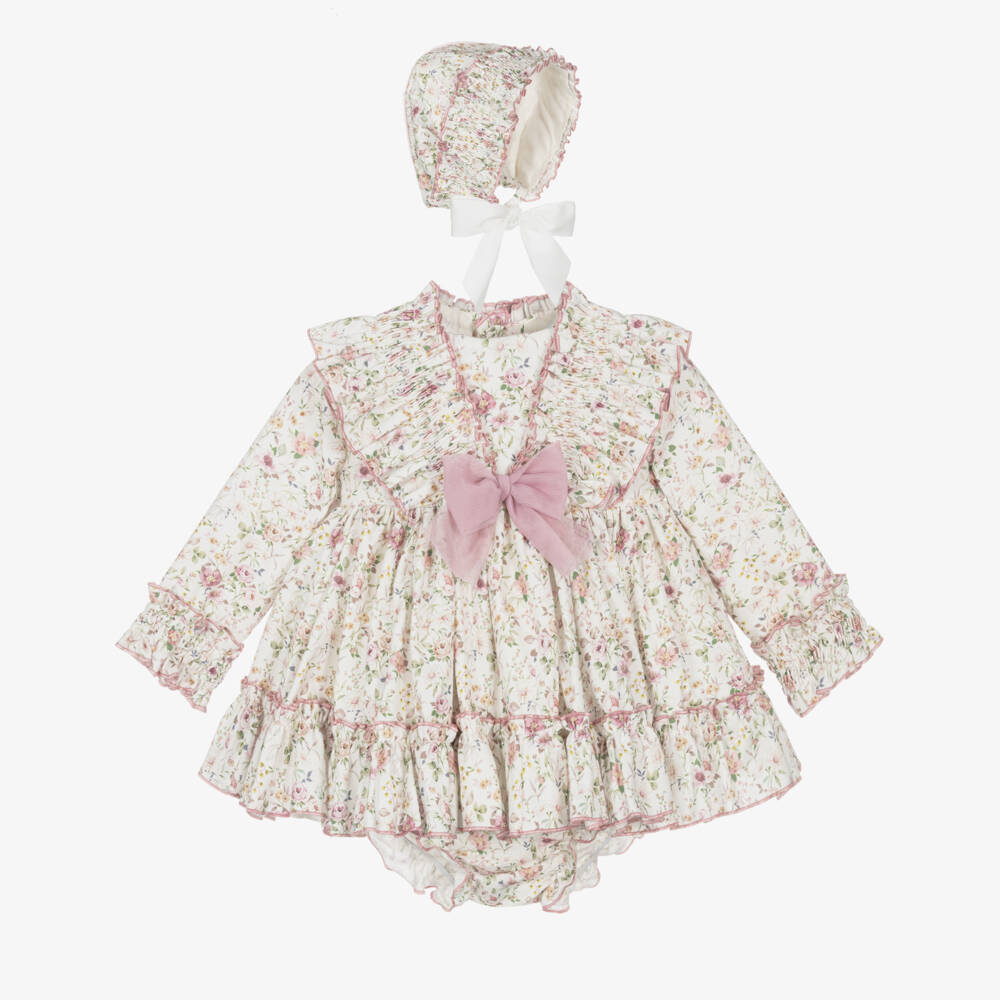 Abuela Tata-Baby Girls Ivory & Pink Cotton Floral Dress Set with Ruffles | Childrensalon Outlet