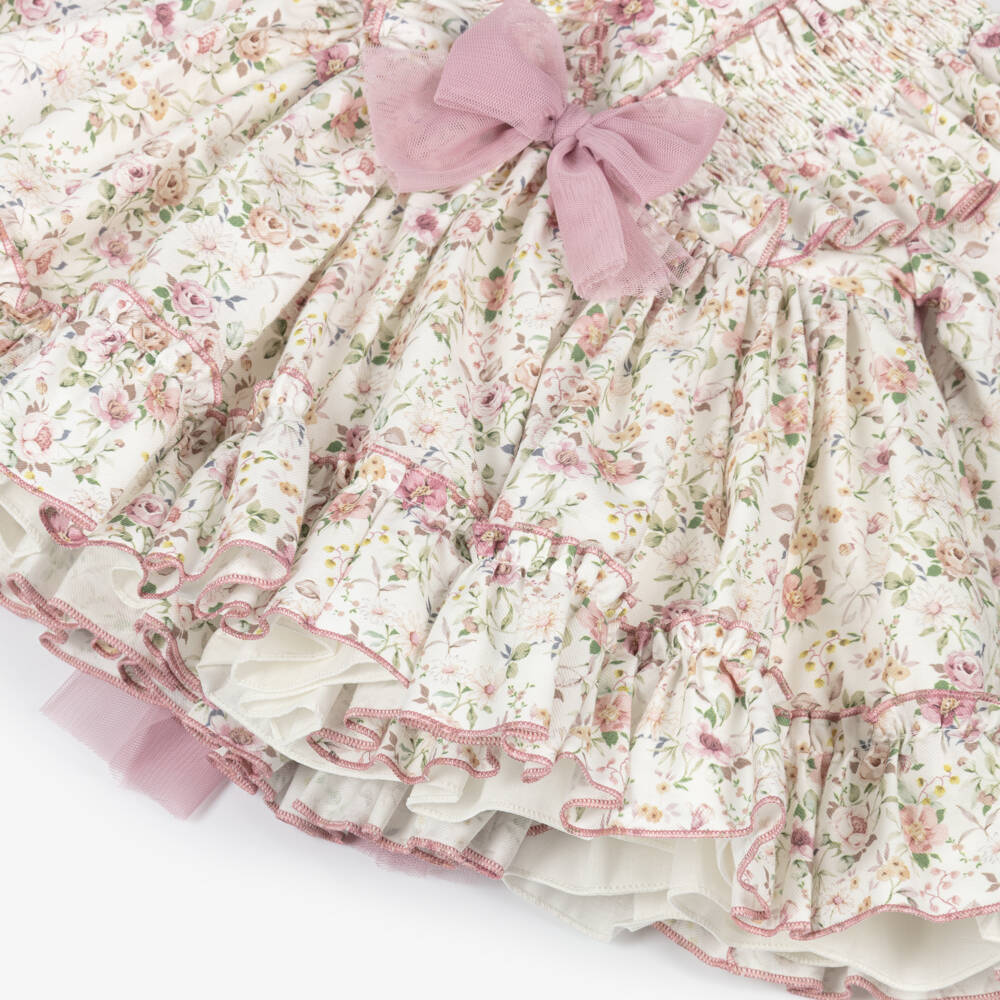 Abuela Tata-Baby Girls Ivory & Pink Cotton Floral Dress Set with Ruffles | Childrensalon Outlet