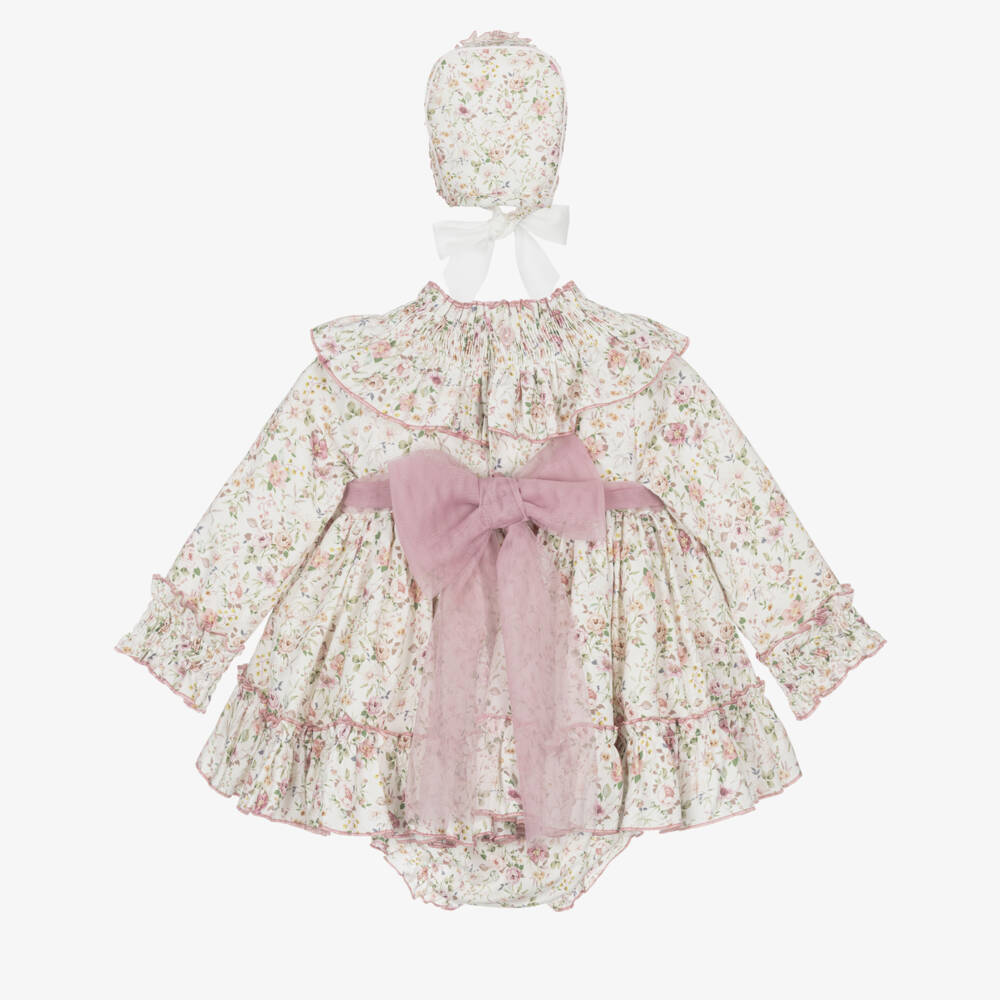 Abuela Tata-Baby Girls Ivory & Pink Cotton Floral Dress Set with Ruffles | Childrensalon Outlet