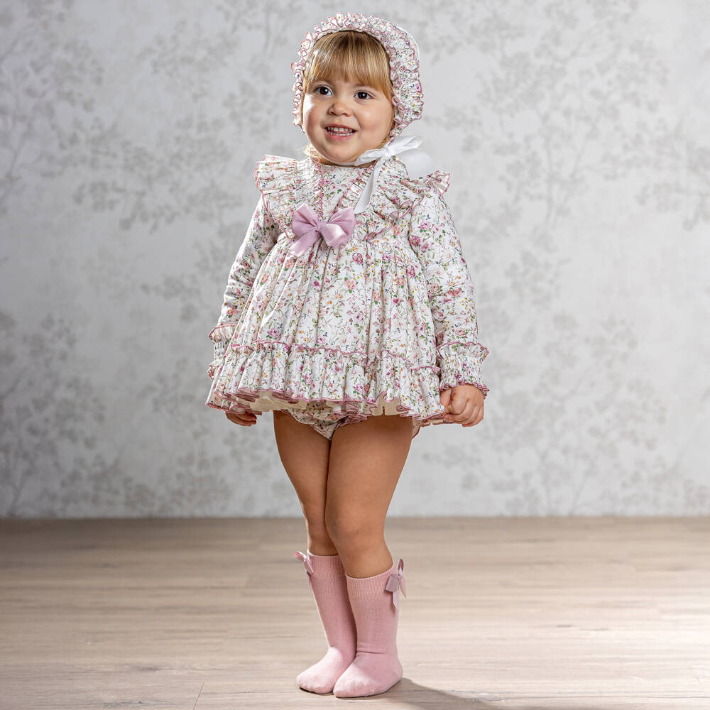 Abuela Tata-Baby Girls Ivory & Pink Cotton Floral Dress Set with Ruffles | Childrensalon Outlet