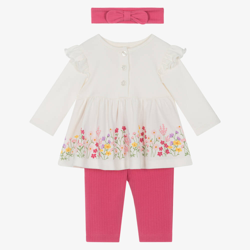 Little Me-Baby Girls Ivory & Pink Cotton Jersey Leggings Set | Childrensalon Outlet