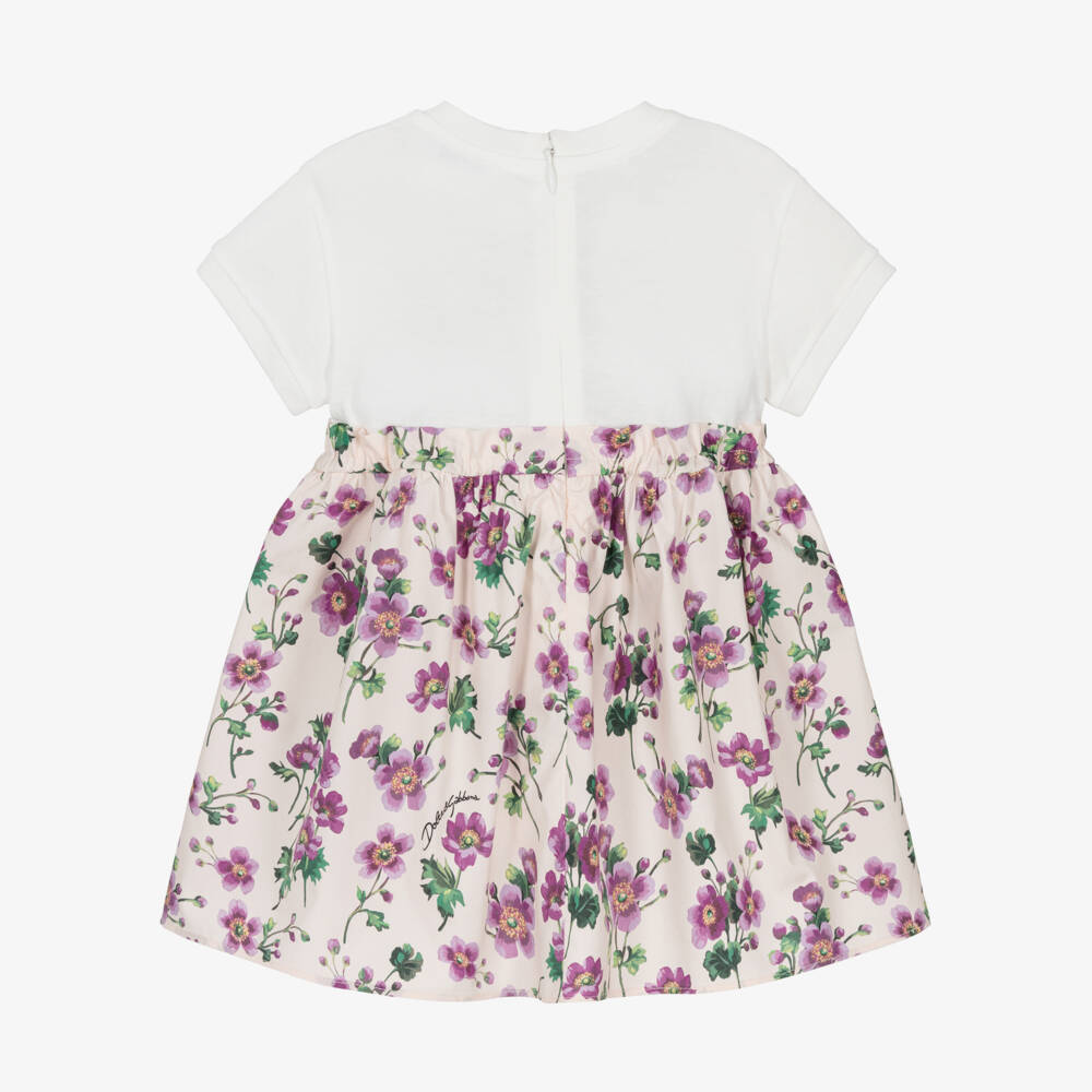 Dolce & Gabbana-Baby Girls Ivory & Pink Floral Cotton Jersey & Poplin Dress | Childrensalon Outlet