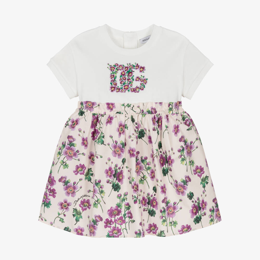 Dolce & Gabbana-Baby Girls Ivory & Pink Floral Cotton Jersey & Poplin Dress | Childrensalon Outlet