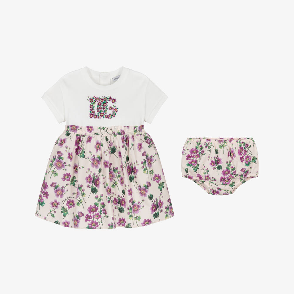 Dolce & Gabbana-Baby Girls Ivory & Pink Floral Cotton Jersey & Poplin Dress | Childrensalon Outlet