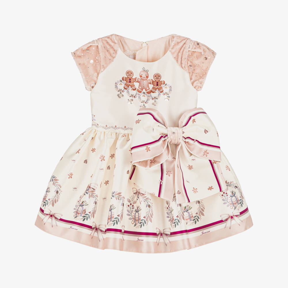 Junona-Baby Girls Ivory & Pink Satin Gingerbread Dress | Childrensalon Outlet