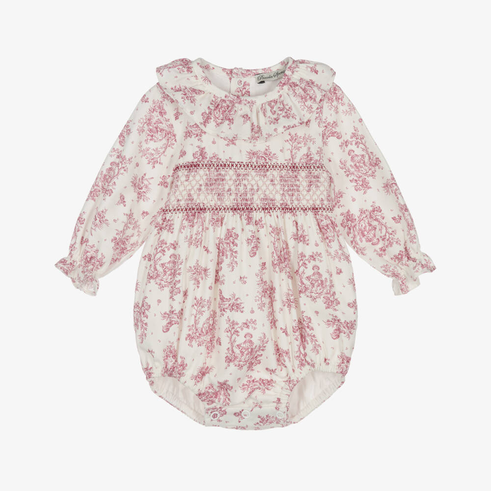 Piccola Speranza-Baby Girls Ivory & Pink Shirred Toile de Jouy Shortie | Childrensalon Outlet