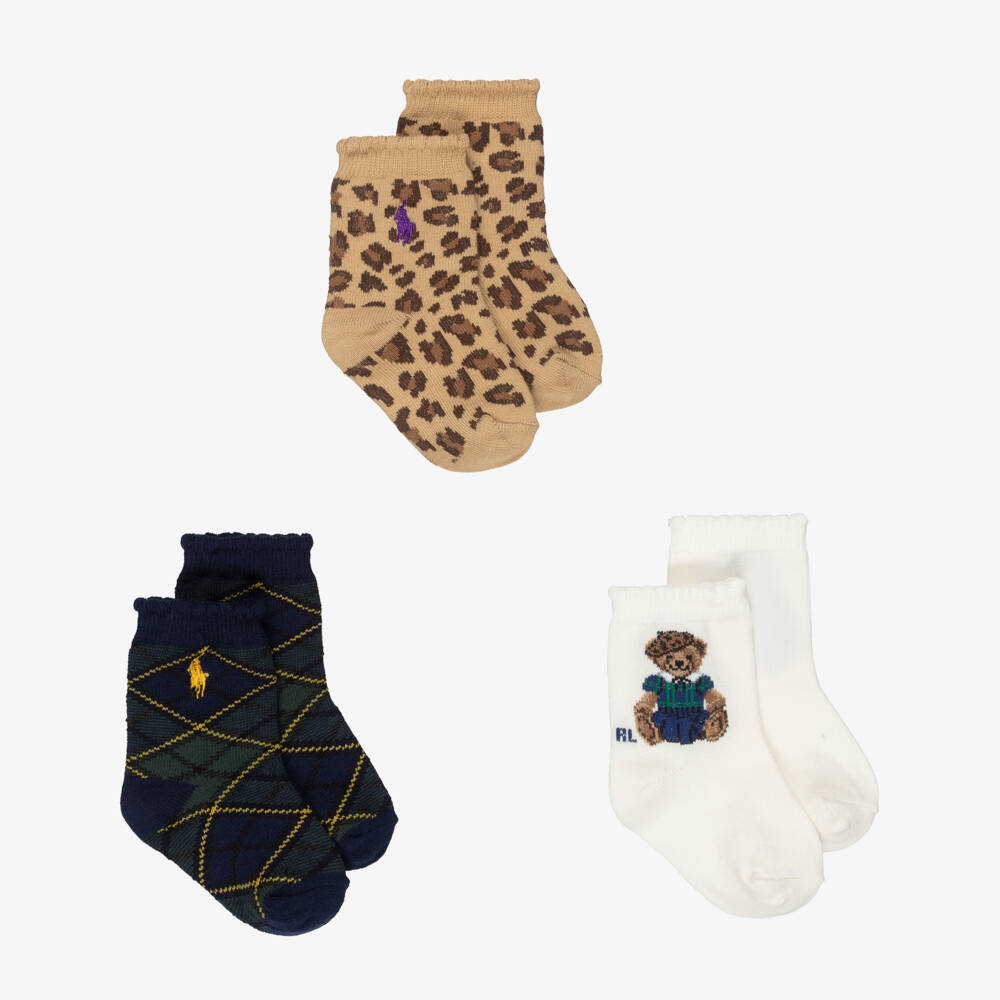 Ralph Lauren-Baby Girls Ivory Polo Bear & Leopard Print Socks (3 Pack) | Childrensalon Outlet
