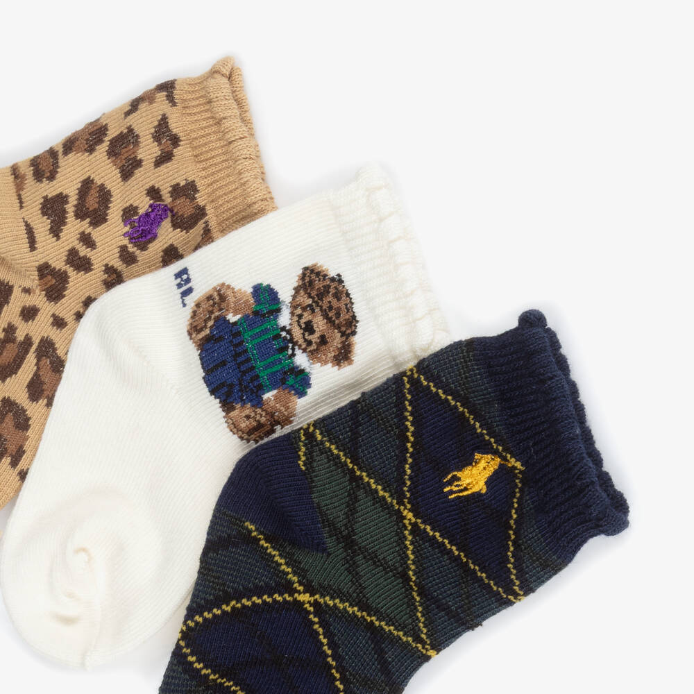 Ralph Lauren-Baby Girls Ivory Polo Bear & Leopard Print Socks (3 Pack) | Childrensalon Outlet