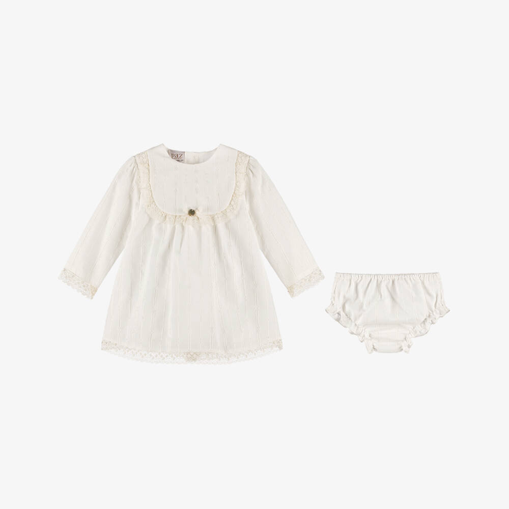 PAZ Rodríguez-Baby Girls Ivory Striped Cotton Dress with Lace Trims | Childrensalon Outlet