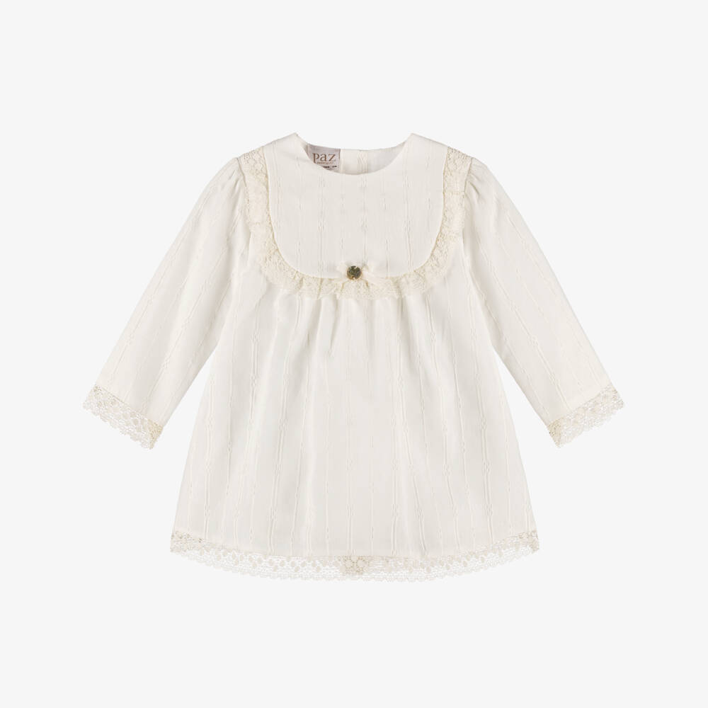 PAZ Rodríguez-Baby Girls Ivory Striped Cotton Dress with Lace Trims | Childrensalon Outlet