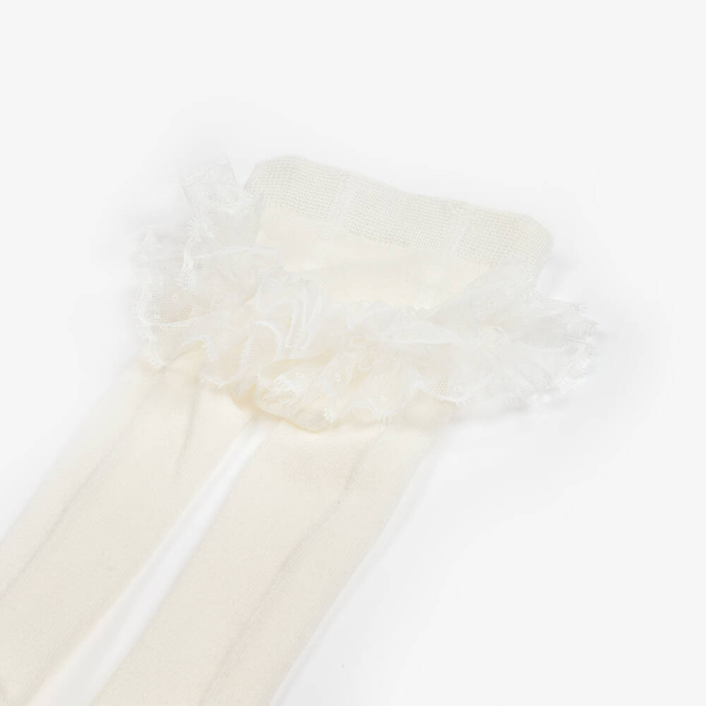 Mayoral Newborn-Baby Girls Ivory Tights with Lace Trim | Childrensalon Outlet
