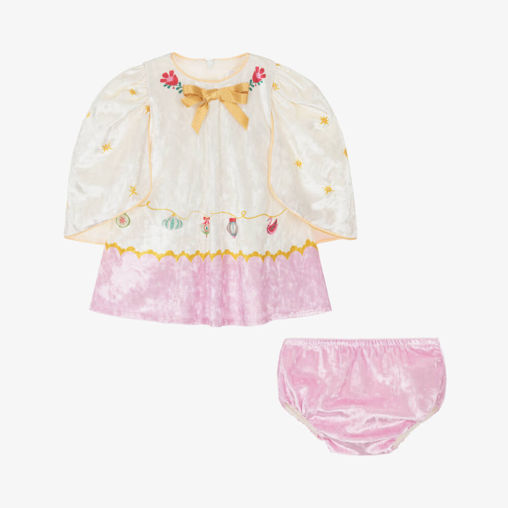 EIRENE-Baby Girls Ivory Velour Festive Print Dress | Childrensalon Outlet